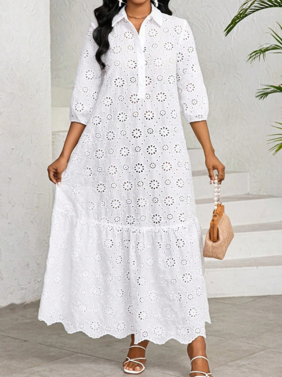 Three-quarter Sleeve Loose Shirt Collar Hollowed-out Lace Long Dress