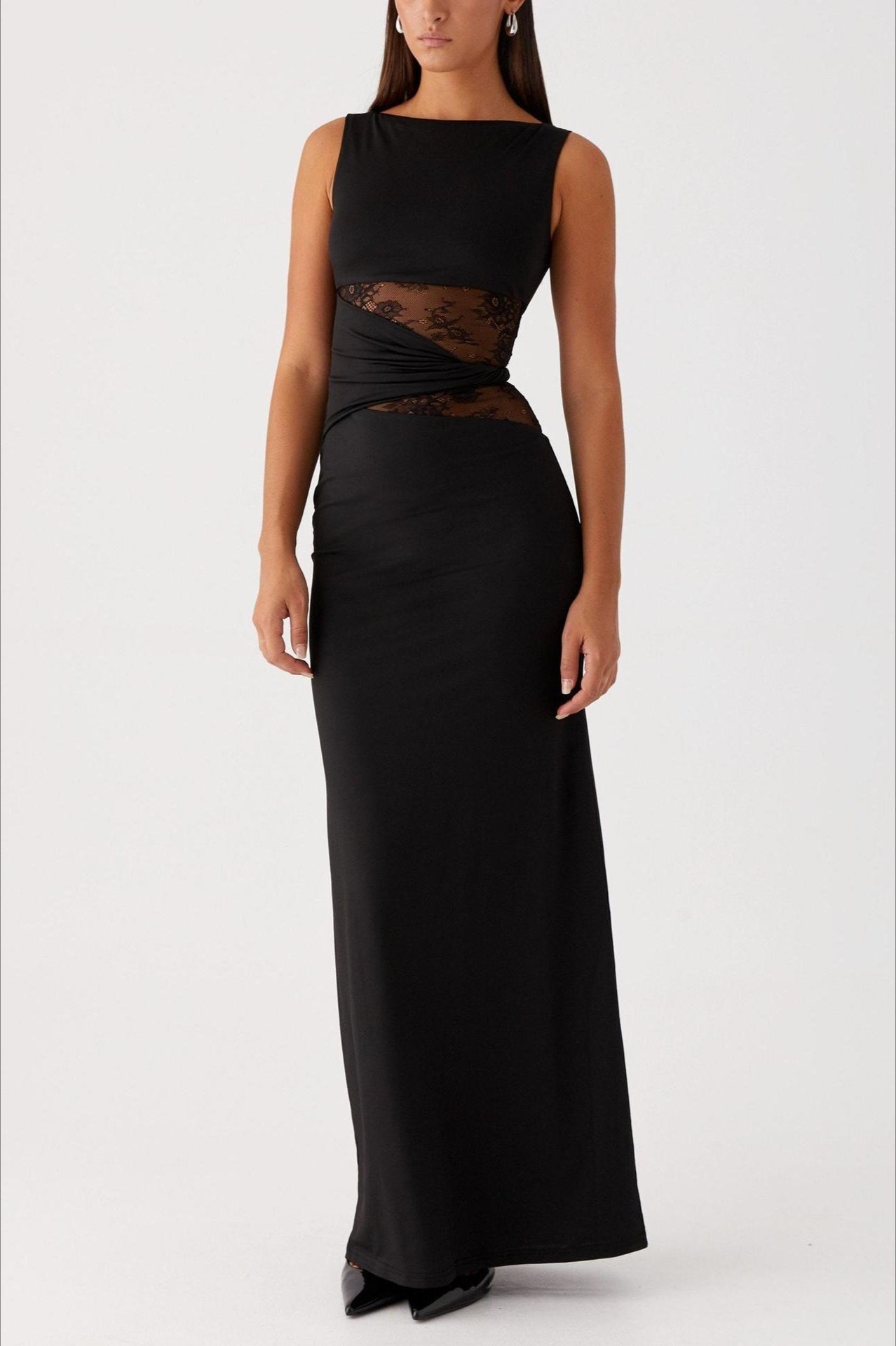 Boat Neck Sleeveless Lace Panel Waist Cut Out Twist Detail Maxi Dress