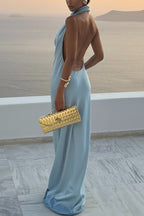 Unforgettable Satin High Drape Neck Open Back Flare Maxi Dress