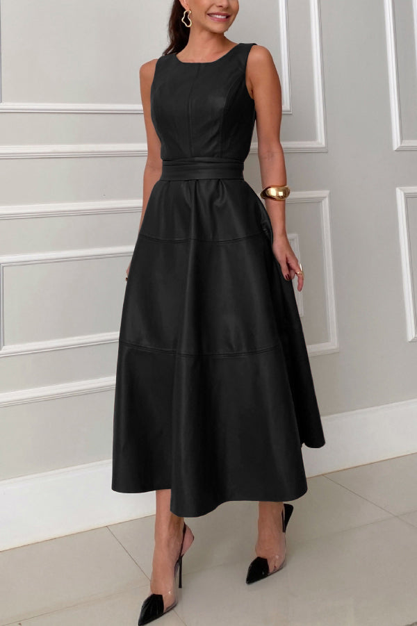 Faux Leather Princess Seam Waist Belt Tiered A-Line Midi Dress