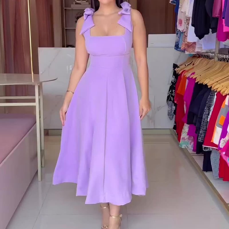 Bow Shoulder Square Neck High Waist Pleated A-Line Midi Dress