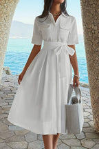 White Collared Button Up Flap Pocket Tie Waist Pleated Midi Shirt Dress