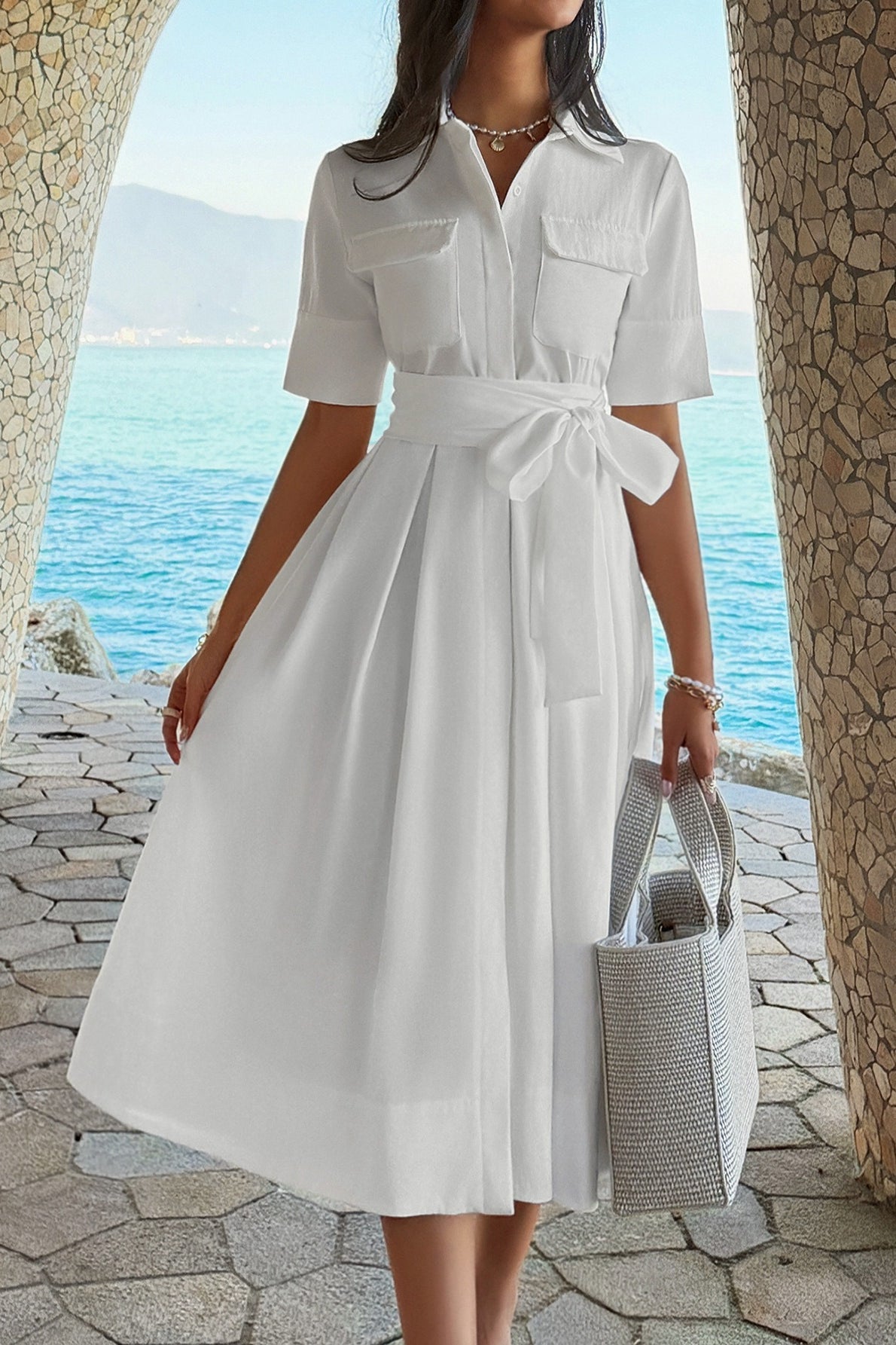 White Collared Button Up Flap Pocket Tie Waist Pleated Midi Shirt Dress