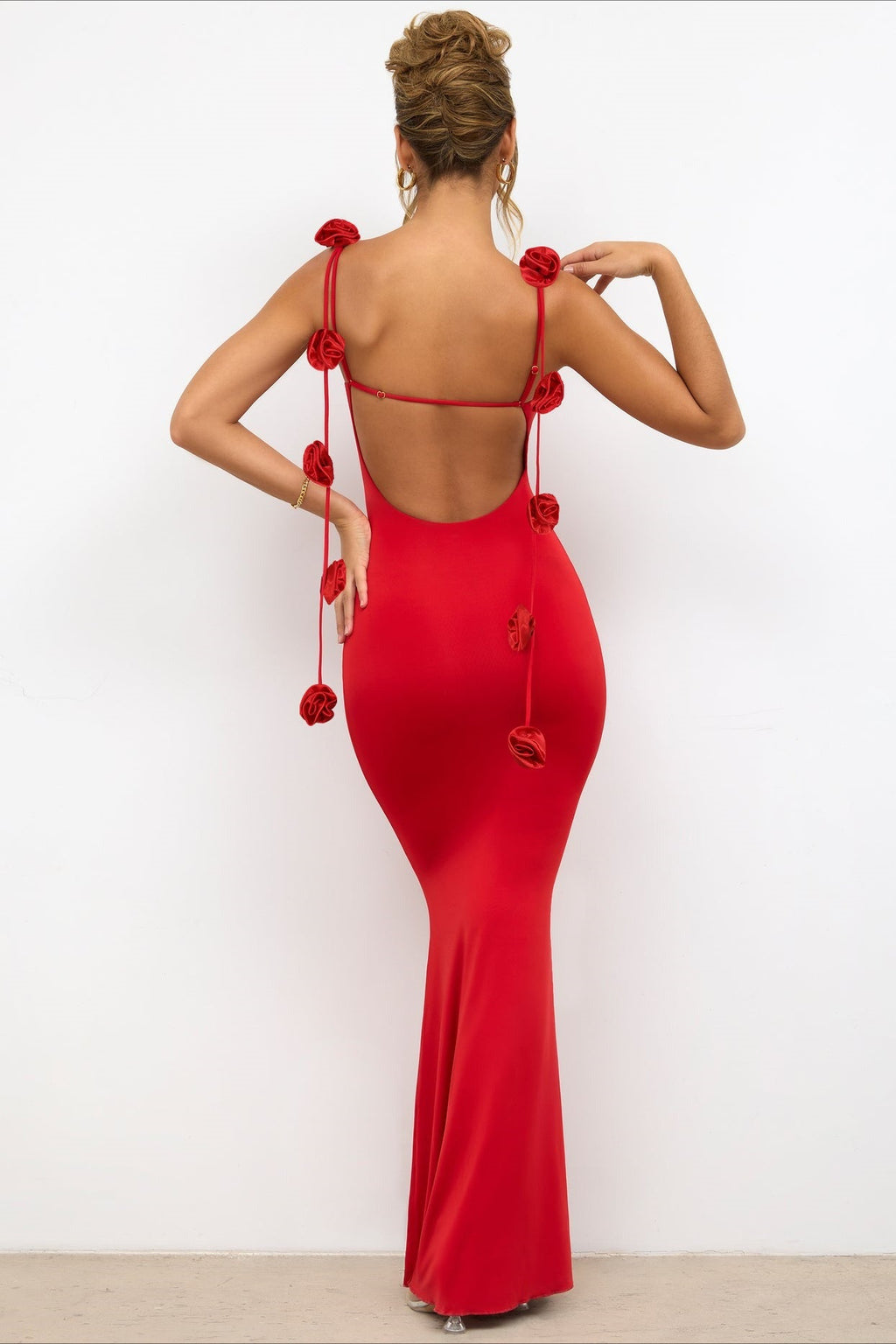Backless Spaghetti Strap 3D Floral Long Party Dress
