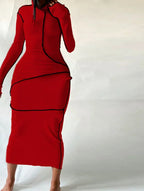 Mock Neck Long Sleeve Thumbhole Ribbed Knit Exposed Seam Bodycon Maxi Dress