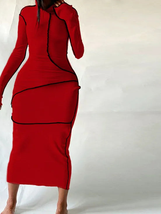 Mock Neck Long Sleeve Thumbhole Ribbed Knit Exposed Seam Bodycon Maxi Dress