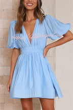 Deep V-Neck Puff Sleeve Smocked Waist Fit and Flare Mini Dress