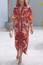 Brazilian Style Unique Print Dolman Long Sleeve Ruched Slit Midi Dress  Vestidos