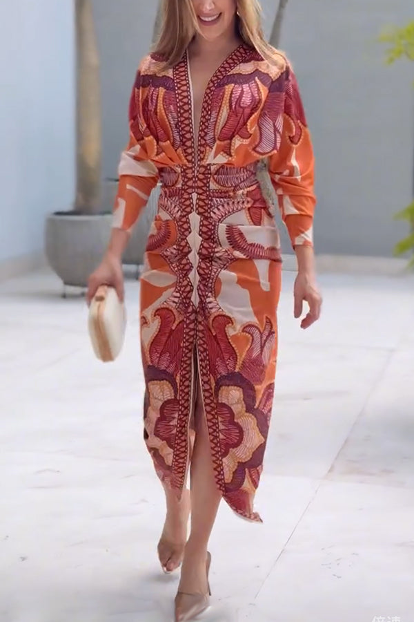 Brazilian Style Unique Print Dolman Long Sleeve Ruched Slit Midi Dress  Vestidos