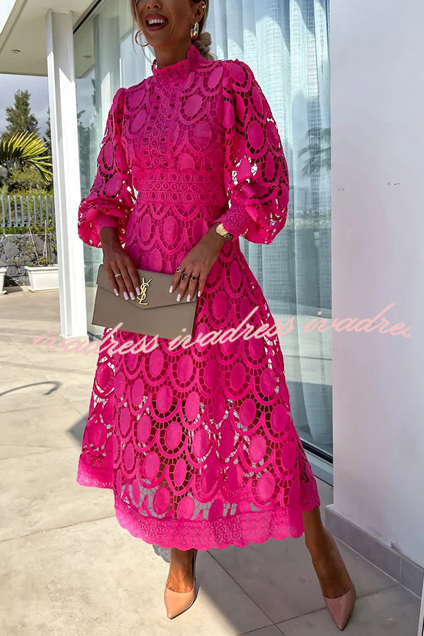 Romantic, Sensual and Elegant Crochet Lace Lantern Sleeve Party Midi Dress