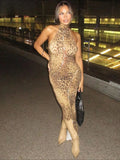 Print Halter Mock Neck Chain Front Bodycon Maxi Dress