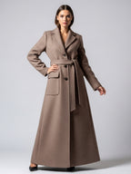Belted Full Length Maxi Woolen Coat With Lapel And Big Pockets For Women 2026