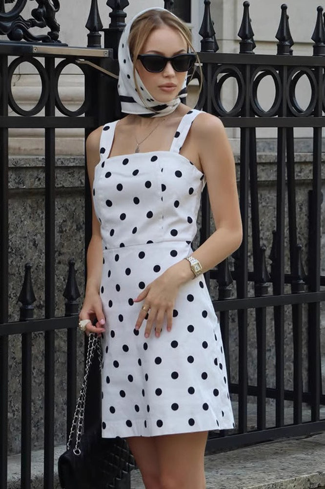 Polka Dot Square Neck Wide Strap Pinafore Bodycon Mini Dress