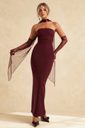 Strapless Ruched Waist Bodycon Maxi Dress Mesh Gloves Scarf Set