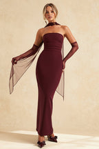 Strapless Ruched Waist Bodycon Maxi Dress Mesh Gloves Scarf Set