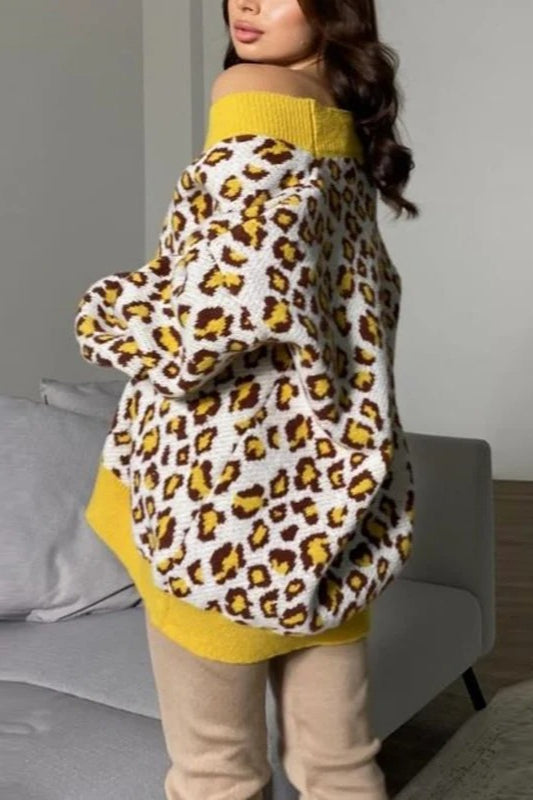 Leopard Print Knitted Long Sleeve Cardigan