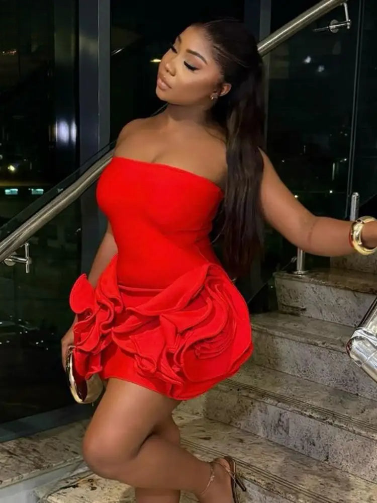 3D Rosette Applique Strapless Bodycon Mini Dress