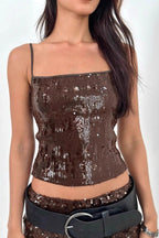 Sequin Low Cut Spaghetti Strap Crop Top