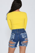 Cropped and Ripped Stretch Denim Shorts