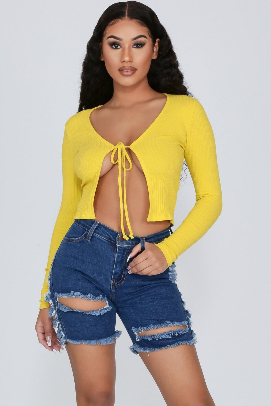 Cropped and Ripped Stretch Denim Shorts