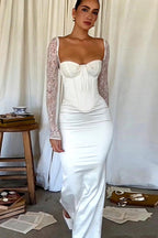 Lace Corset Sweetheart Long Sleeve Satin Mermaid Maxi Formal Gown