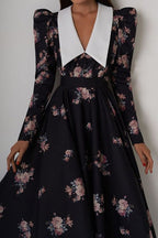Contrast Collar Puff Sleeve Belted Ditsy Floral Print Midi Dress