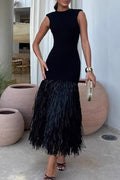 Sleeveless Crew Neck Fitted Bodice Fringe Panel Midi Cocktail Dress