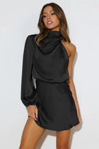 Satin One Shoulder Cowl Neck Bishop Sleeve A-Line Mini Dress
