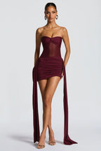 Strapless Mesh Panel Ruched Draped Panel Bodycon Mini Dress