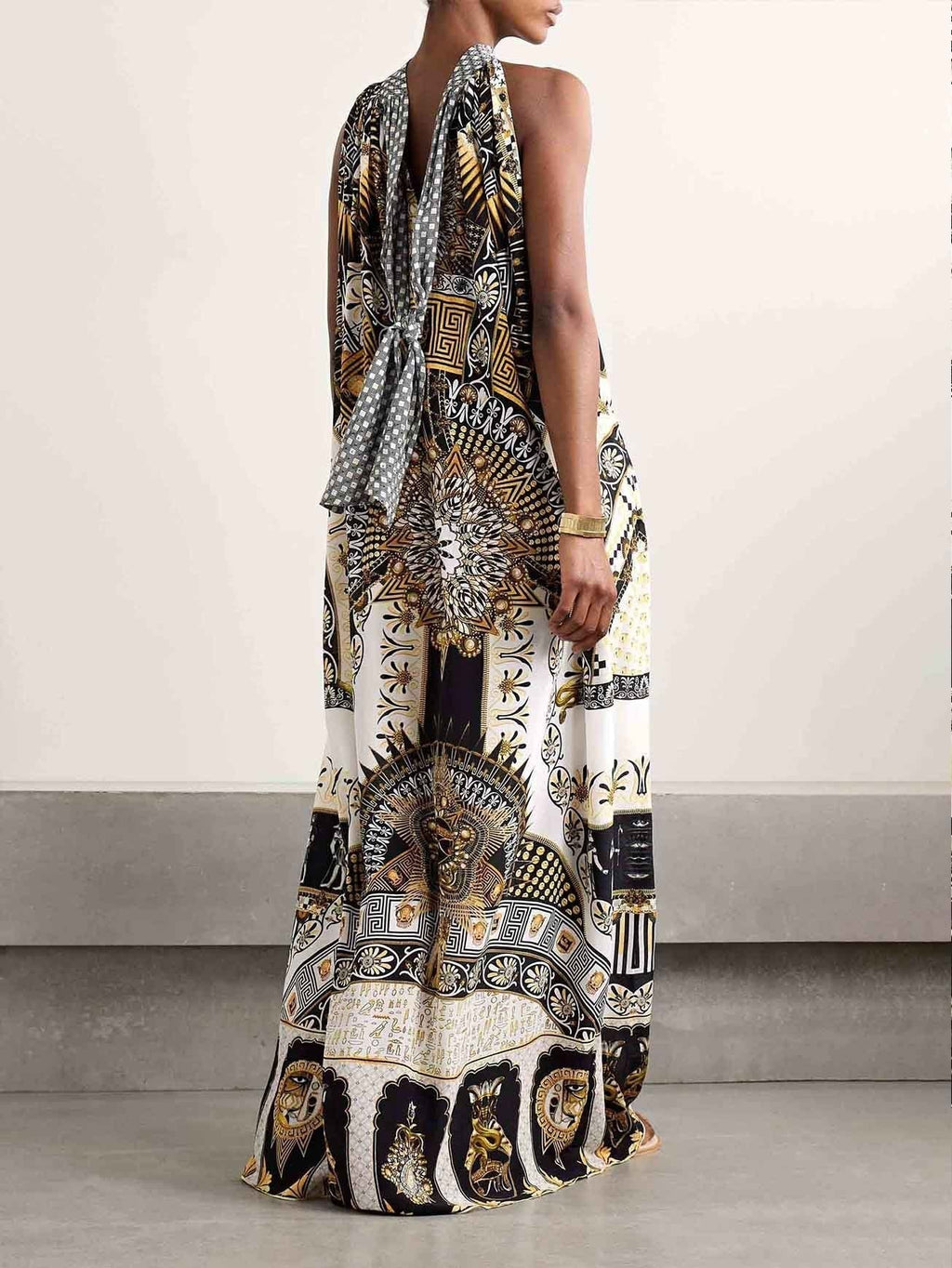 Ornate Scenic Print Halter Neck Draped Maxi Dress