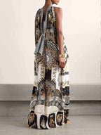 Ornate Scenic Print Halter Neck Draped Maxi Dress