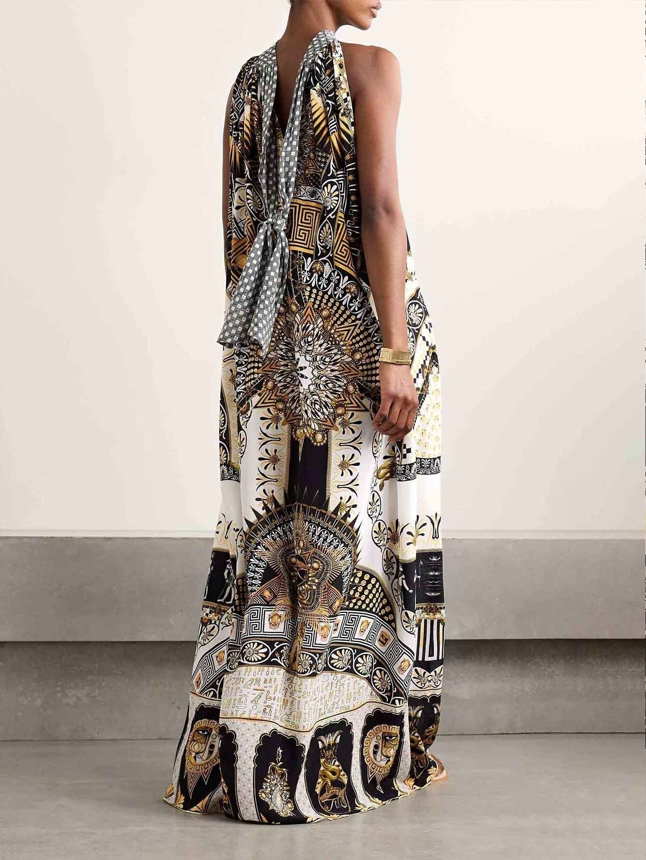 Ornate Scenic Print Halter Neck Draped Maxi Dress