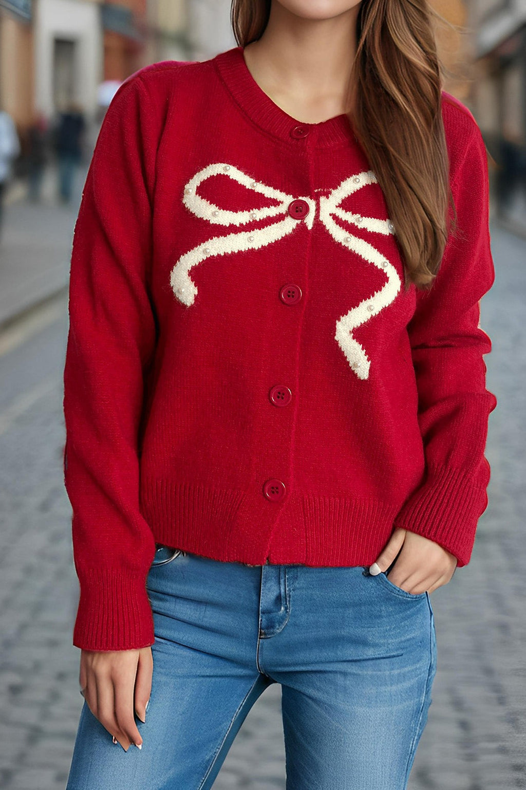 Solid Bow Jacquard Round Cardigan