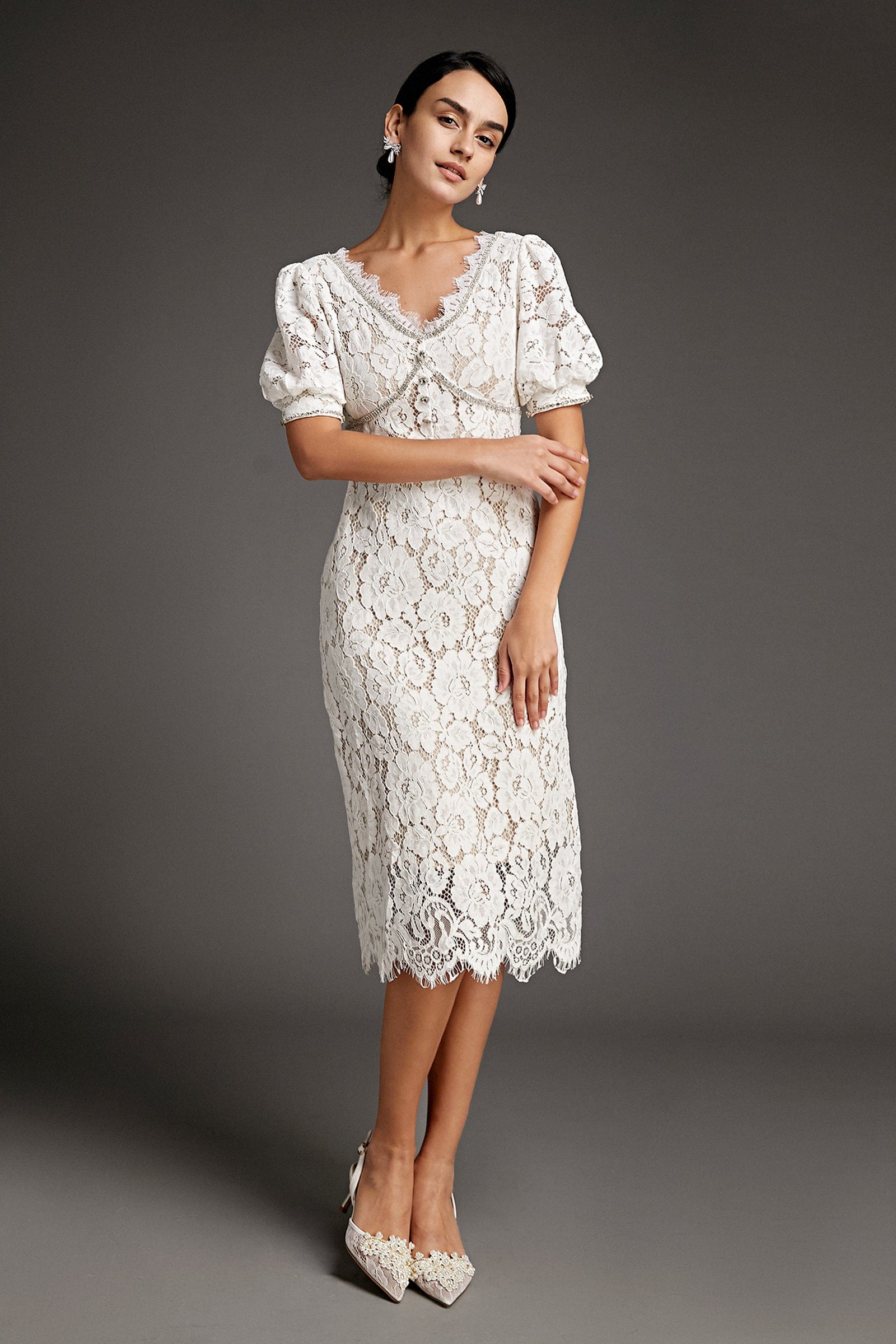 Lace Overlay Plunging V-Neck Rhinestone Trim Puff Sleeve Midi Dress