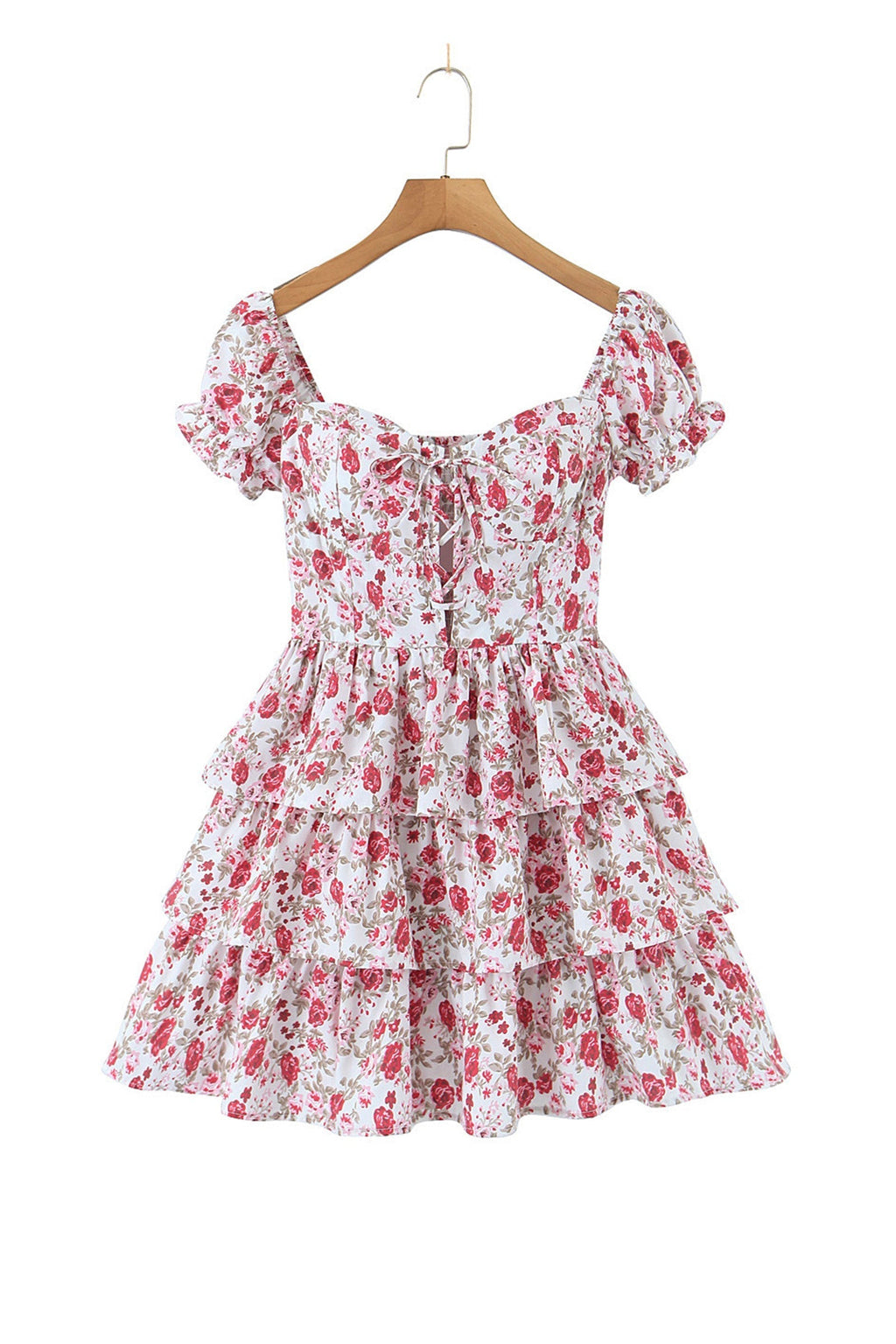 Floral Print Off Shoulder Lace Up Corset Tiered Ruffle Mini Dress