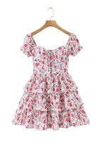 Floral Print Off Shoulder Lace Up Corset Tiered Ruffle Mini Dress