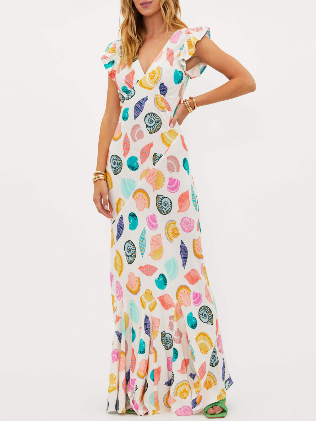 Seashell Print Deep V-Neck Flutter Sleeve Mermaid Maxi Dress