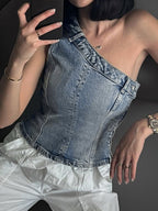 Vintage Denim One Shoulder Slim Bandeau Top