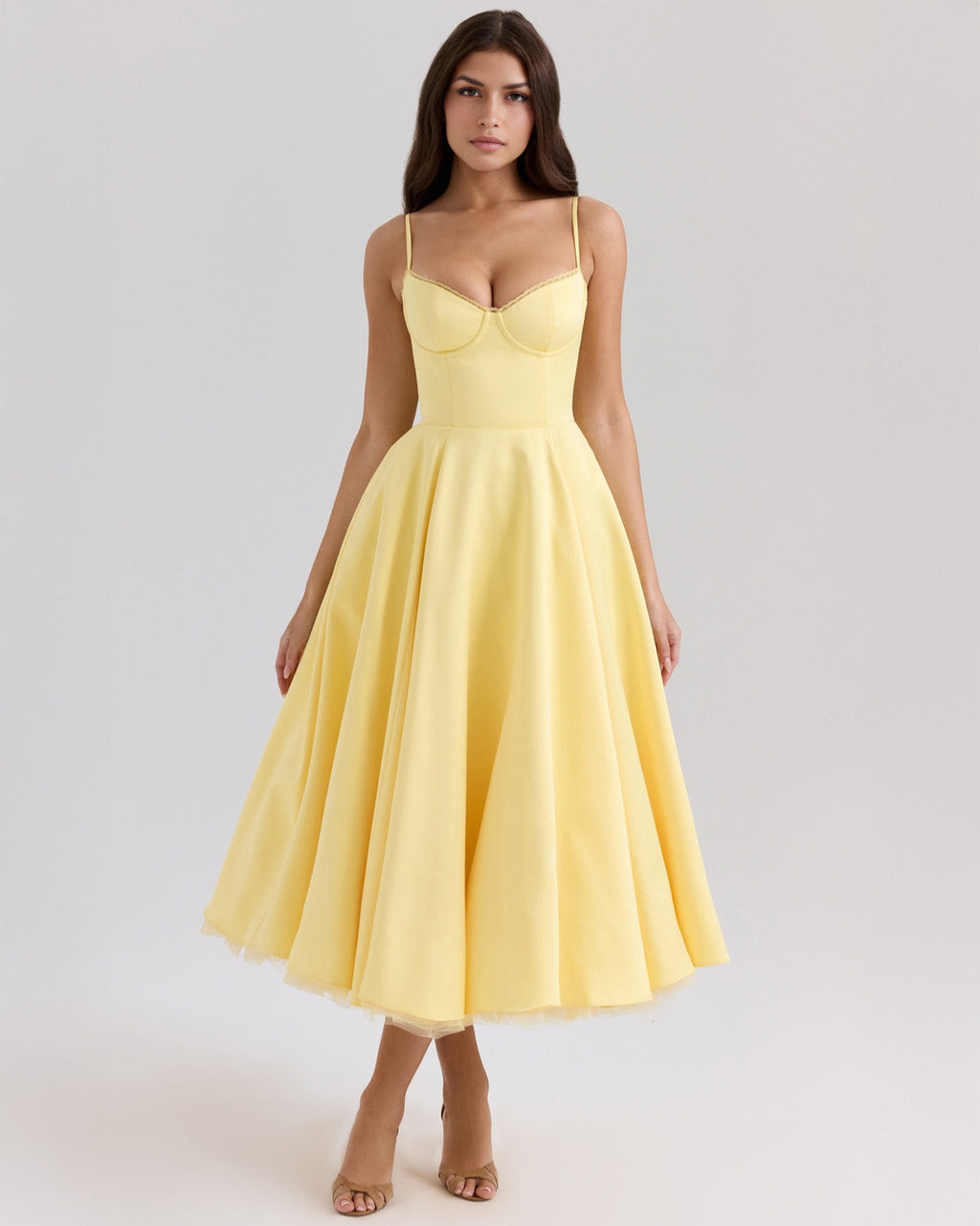 Lace Trim Corset Bustier Spaghetti Strap Pleated Pocket Tea Length Dress