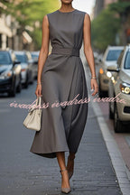 Solid Color Sleeveless Round Neck Casual Midi Dress