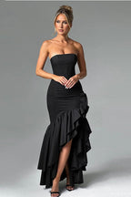 Strapless Corset Bustier High Split Ruffle Trim Mermaid Maxi Cocktail Dress
