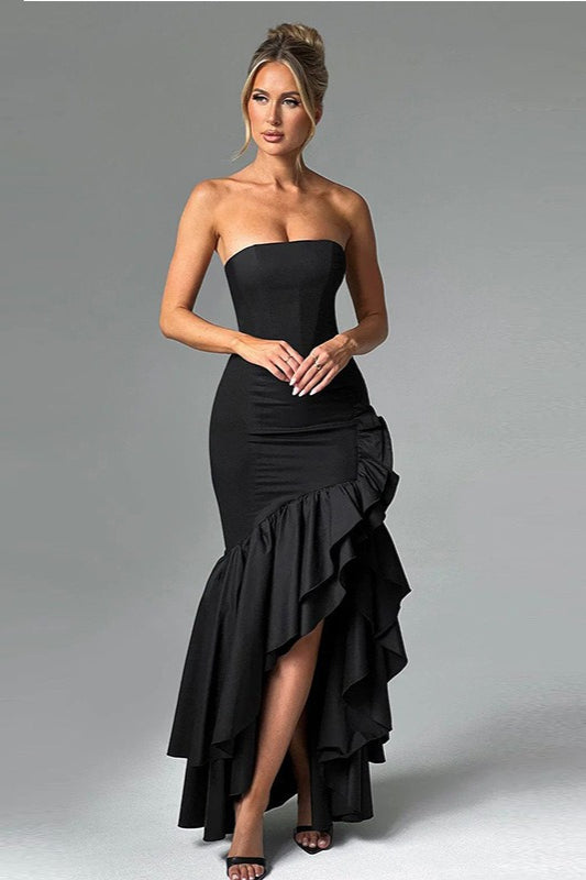 Strapless Corset Bustier High Split Ruffle Trim Mermaid Maxi Cocktail Dress