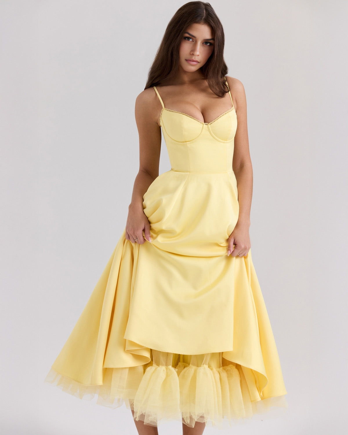 Lace Trim Corset Bustier Spaghetti Strap Pleated Pocket Tea Length Dress