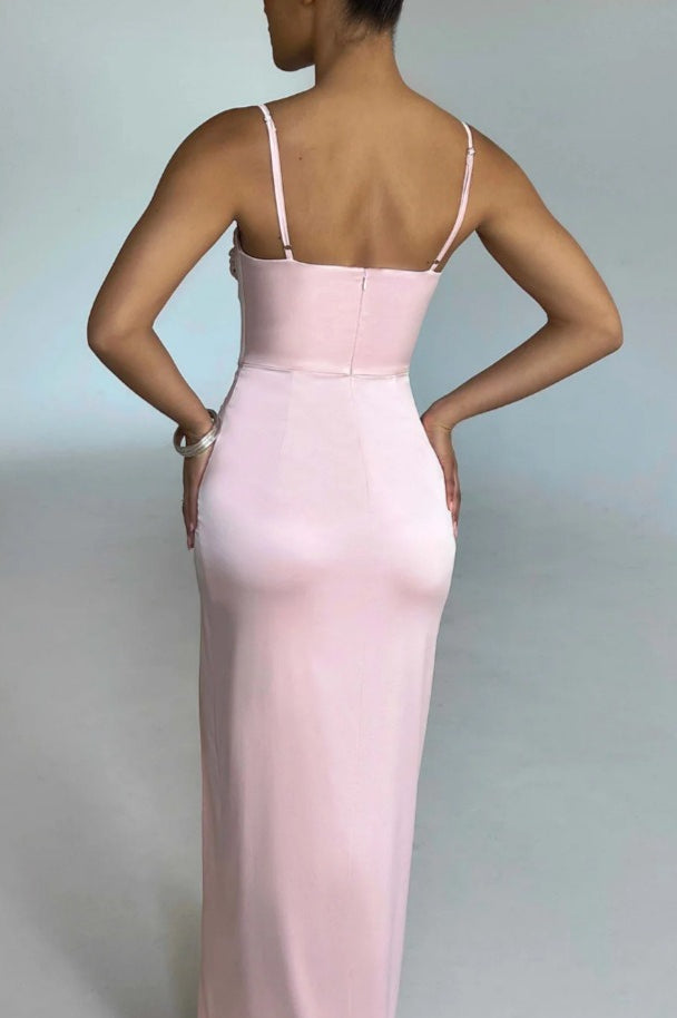 Satin Sweetheart Bustier Spaghetti Strap High Slit Maxi Dress