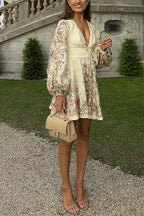 V Neck Lantern Sleeves Floral Print A-line Mini Dress