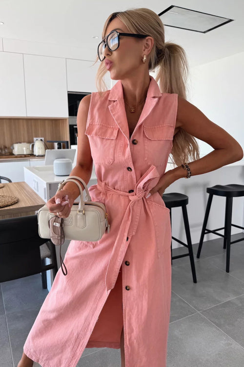Denim Collar Button Down Belted Pocket Flap Sleeveless Maxi Shirt Dress