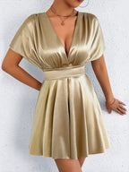 V-neck, Fitted Waist, Zippered, Glossy Short Dress
