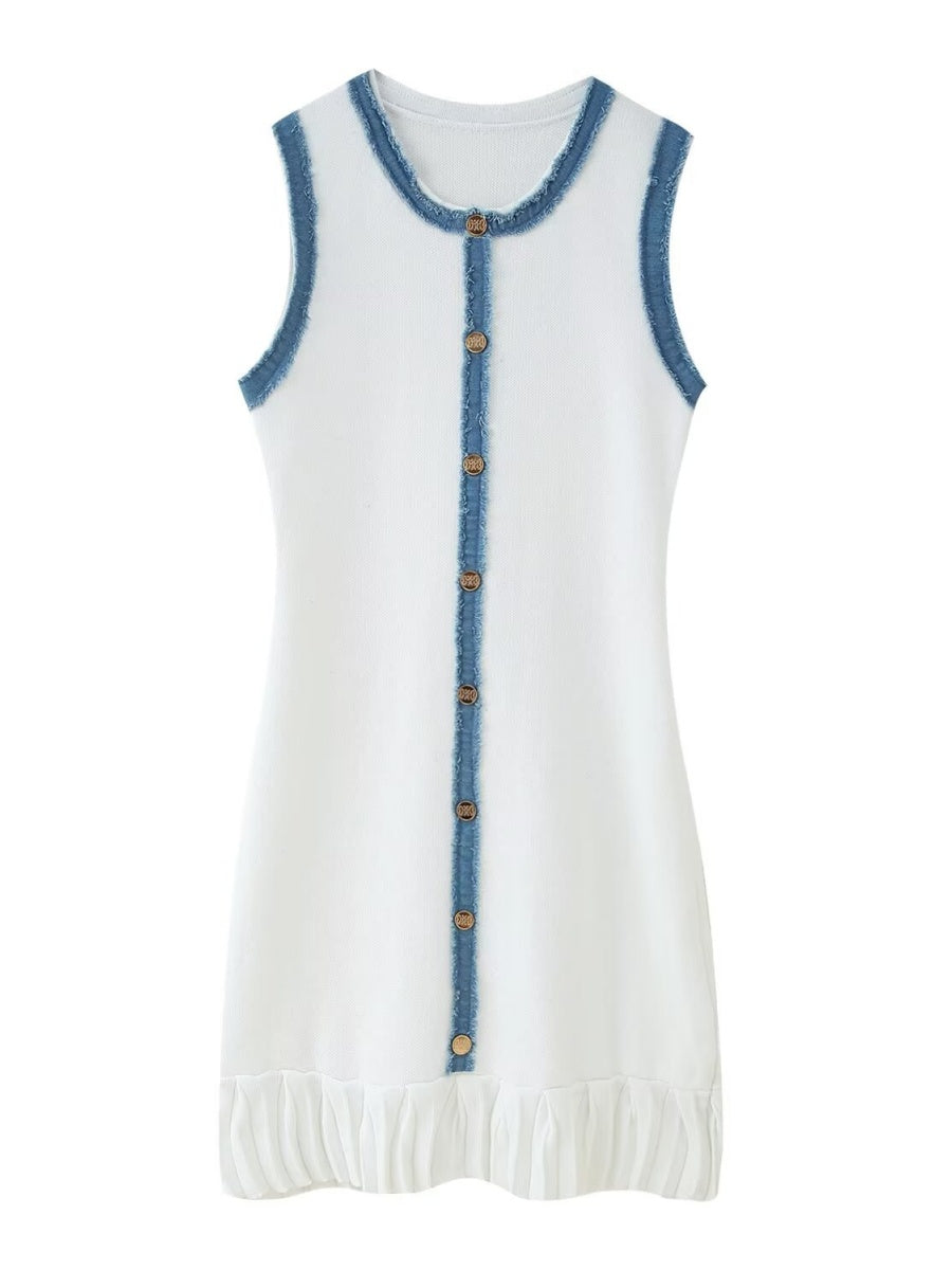 Denim Patchwork Buttons Sleeveless Knitting Mini&Short Dresses