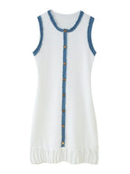 Denim Patchwork Buttons Sleeveless Knitting Mini&Short Dresses