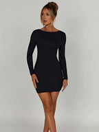 Solid Color Long-sleeved Slim-fit Top With Exposed Hips Mini&Short Dresses